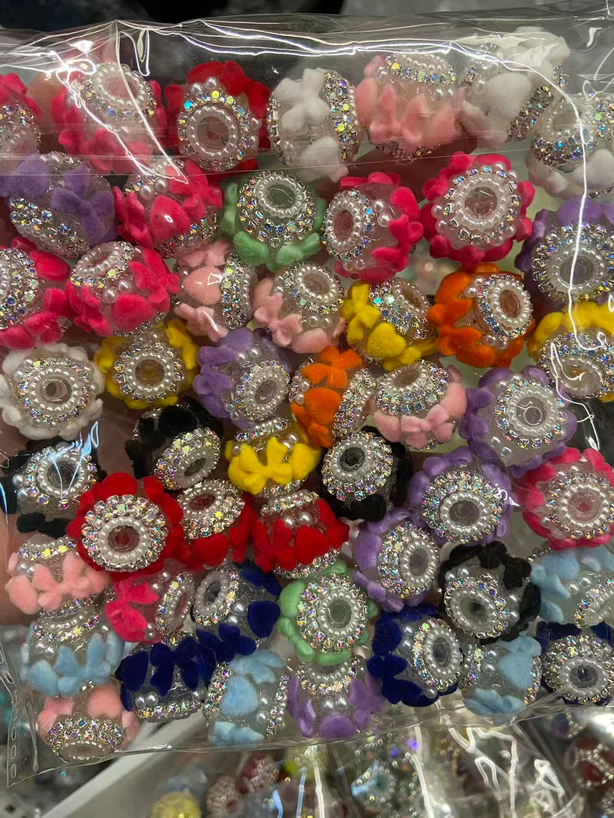 fuzzy bow silver chain fancy beads